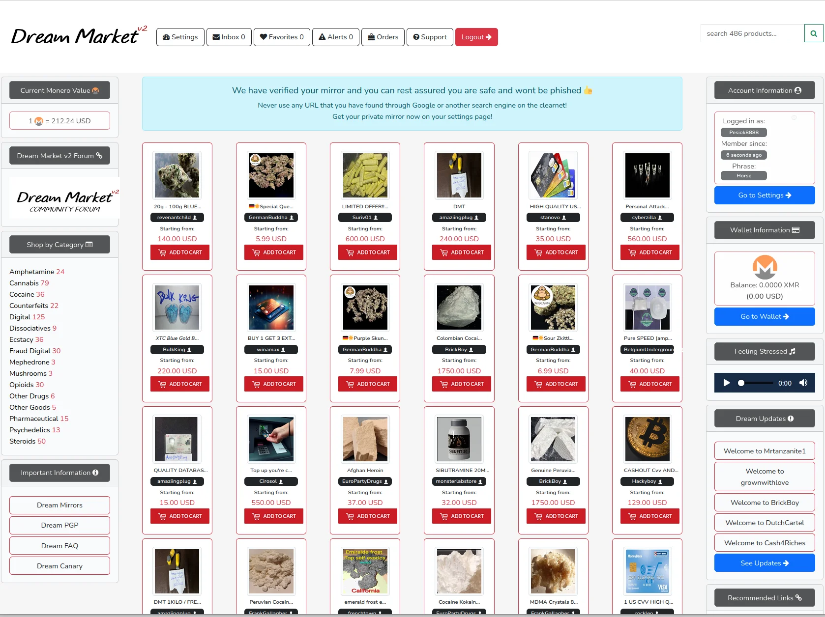 Dream Market cryptocurrency wallet interface showing Bitcoin and Monero deposit options